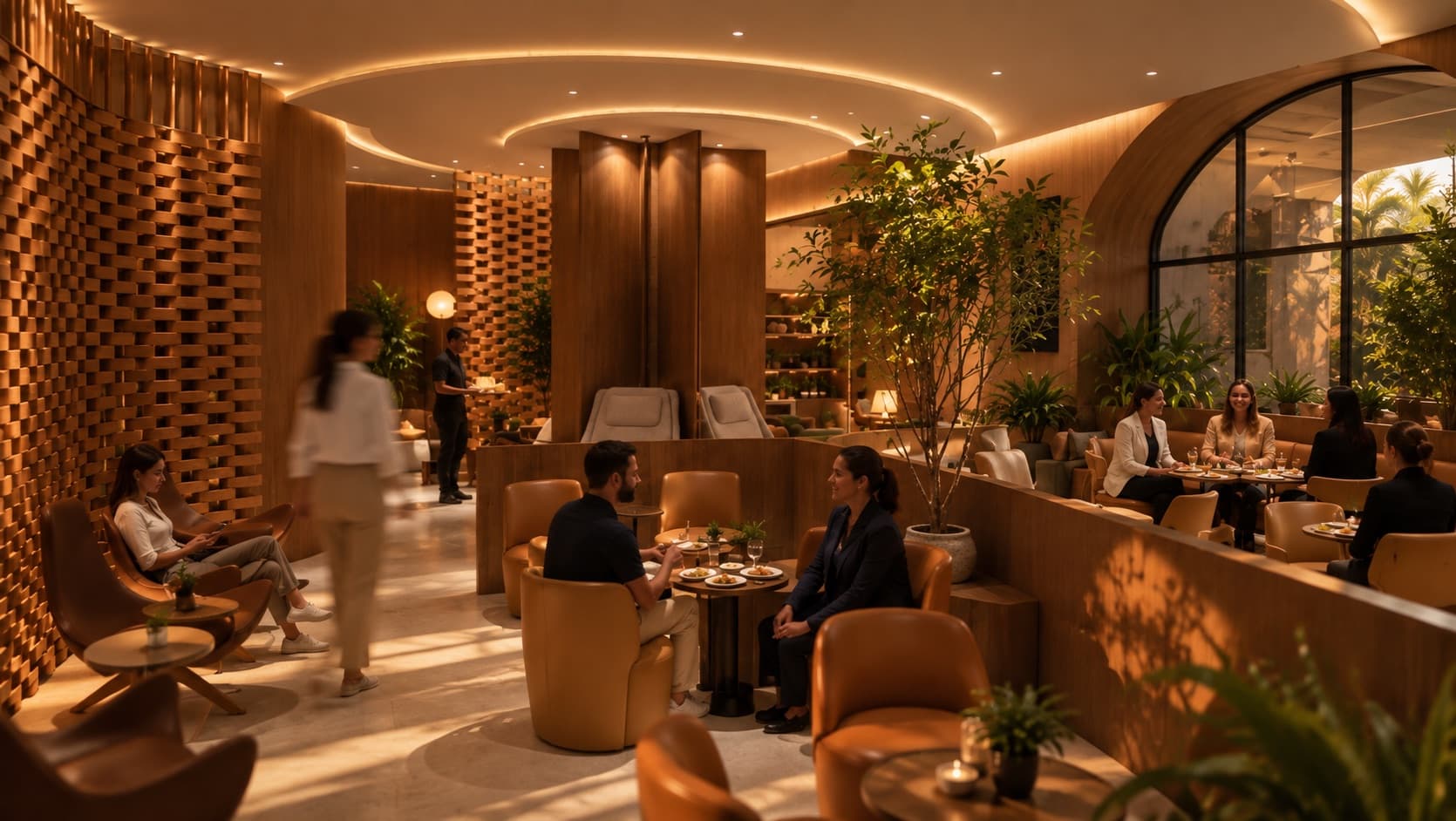 Área de convivência da Amaní Lounge, com poltronas, mesas e plantas